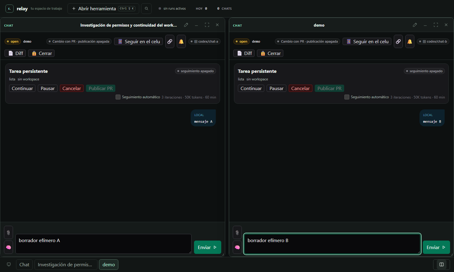 Ventanas de chat con nombres y borradores distintos